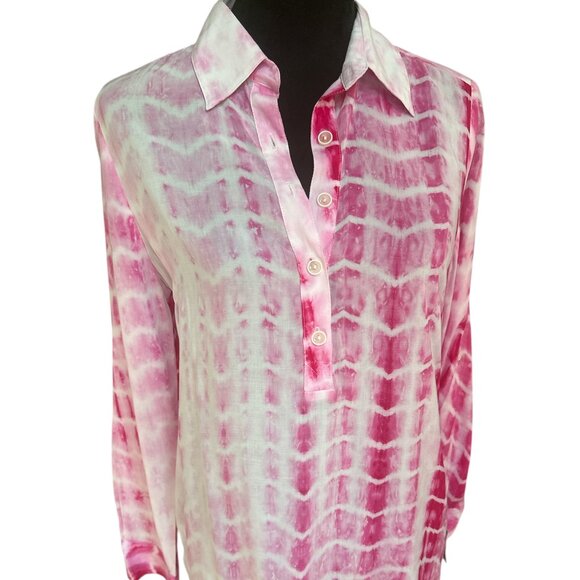 Mischa Pink Tie Dye Long Sleeve 1/4 Button Collared Tunic Blouse Small - Picture 1 of 7